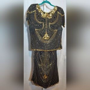 Vintage '80s Black and Gold Art Deco Beaded Sequined Silk 2 Piece Flapper Size L